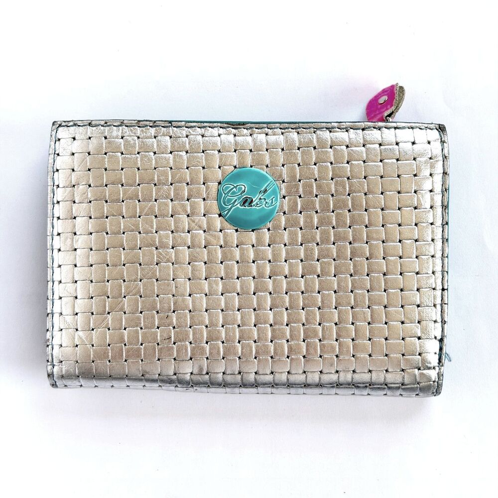 Gabs Italy Woven Leather Wallet Metallic Silver Turquoise Bifold Designer